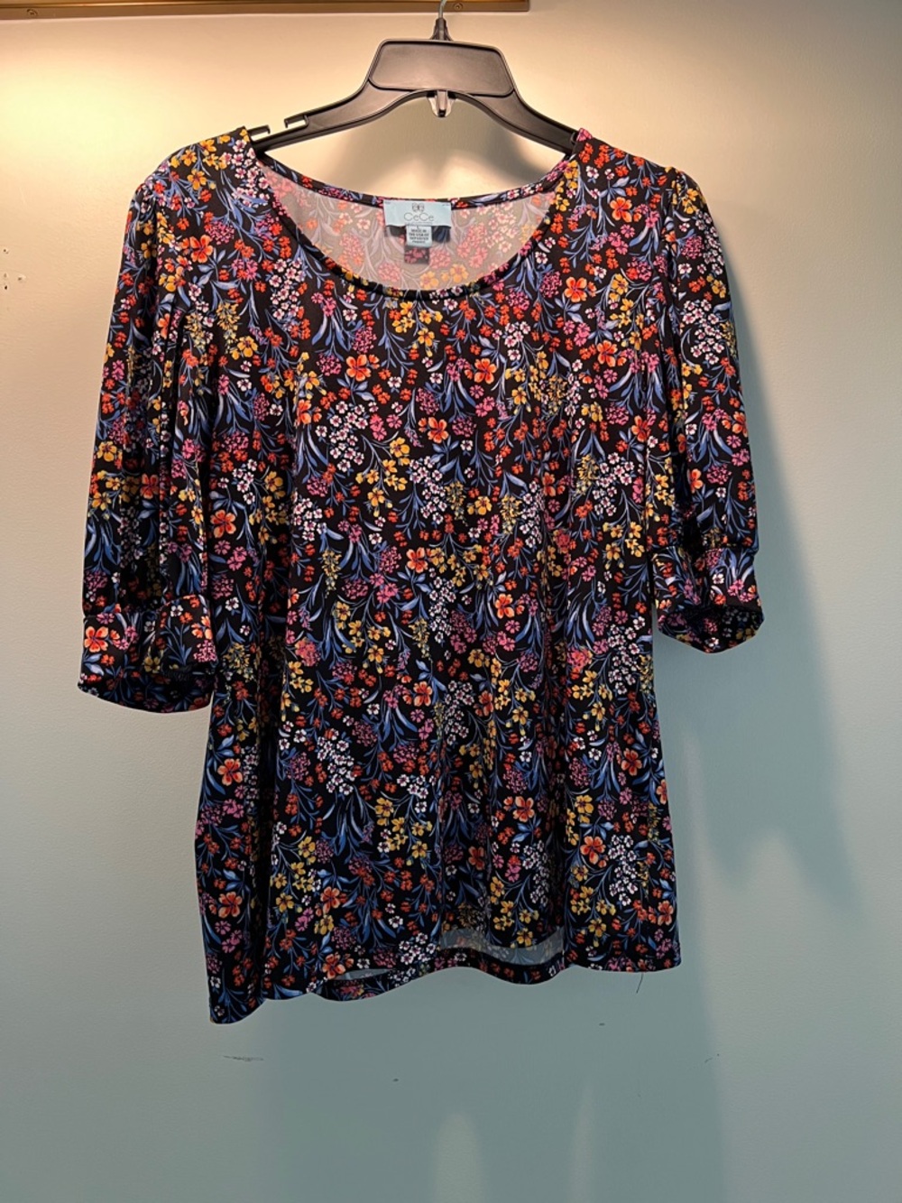 CeCe Black Floral Scoop Neck Top with Pink, Orange & Yellow Flowers